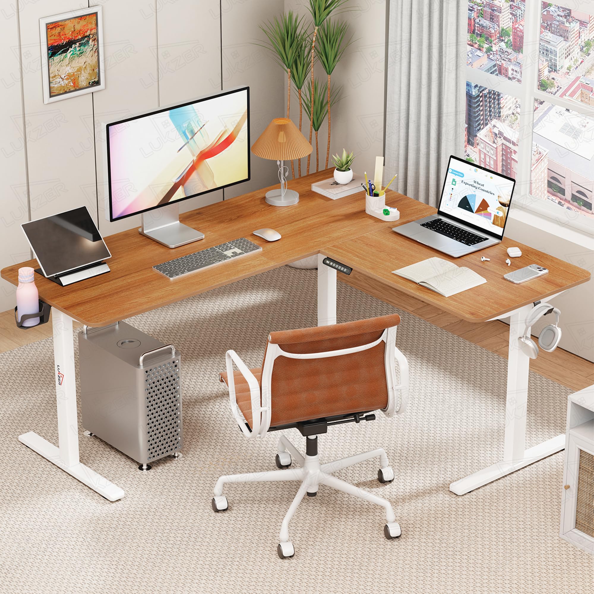 Lukzer L-Shape Electric Height Adjustable Study Desk (EST-001/White & Oak Brown) 3-Years Warranty
