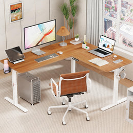 Lukzer L-Shape Electric Height Adjustable Study Desk (EST-001/White & Oak Brown)