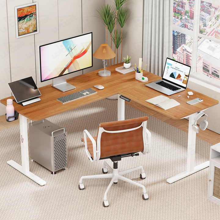 Lukzer L-Shape Electric Height Adjustable Study Desk (EST-001/White & Oak Brown) 3-Years Warranty
