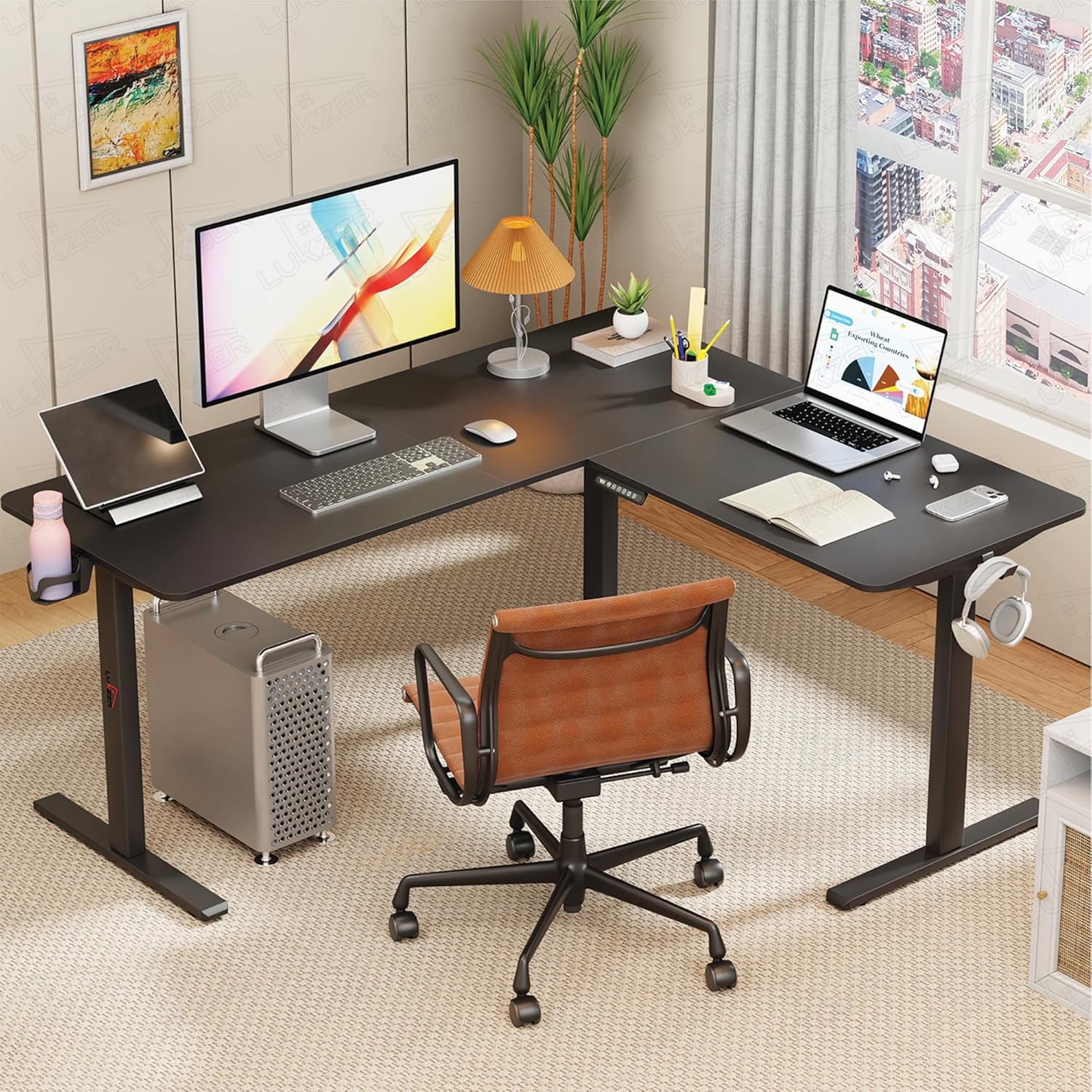 Lukzer L-Shape Electric Height Adjustable Study Desk (EST-001/Black & Black) 3-Years Warranty