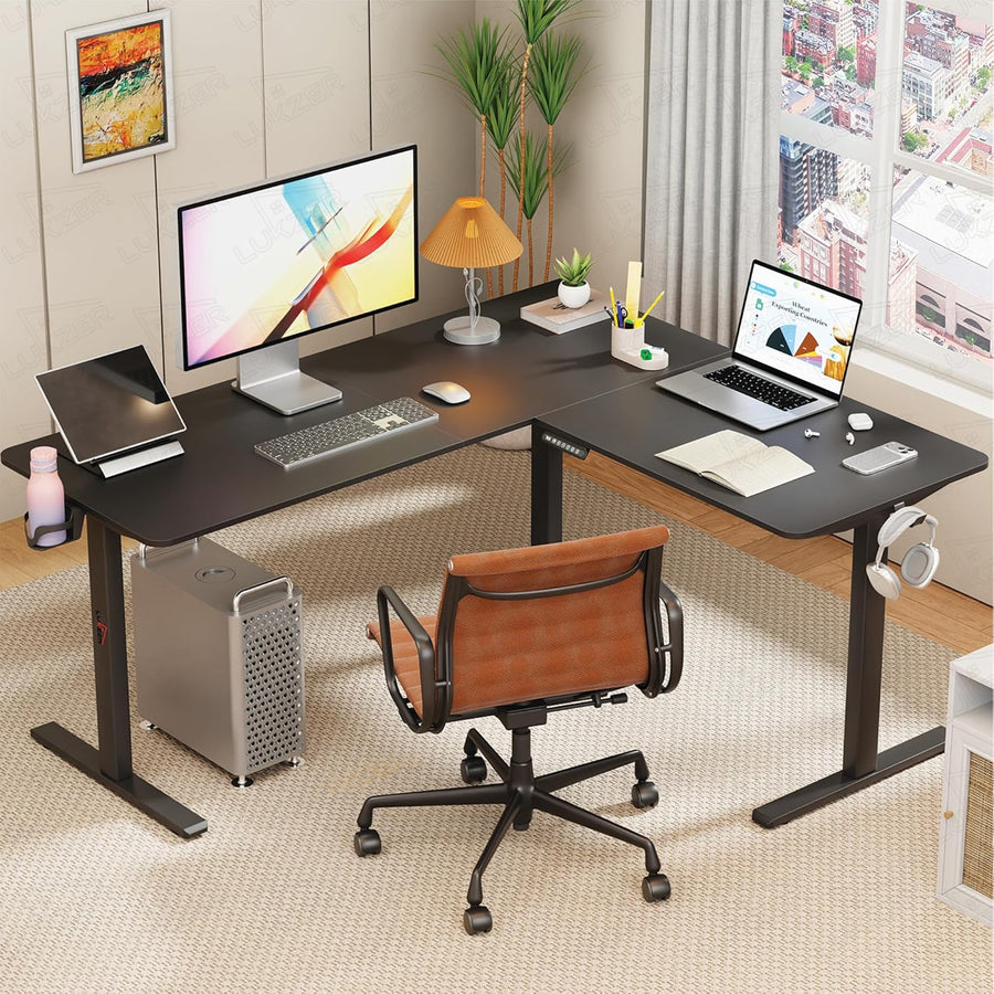 Lukzer L-Shape Electric Height Adjustable Study Desk (EST-001/Black & Black) 3-Years Warranty