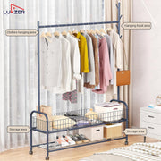 Lukzer Metal Single Rod Clothes Hanging Stand with Double Shelf & Lockable Wheels (MGR-004/Deep Sea)