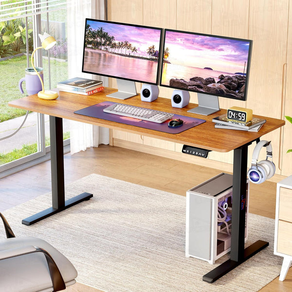 Lukzer Dual Motor Electric Height Adjustable Desk Memory Controller Standing Table EST-002/Black & Oak Brown)