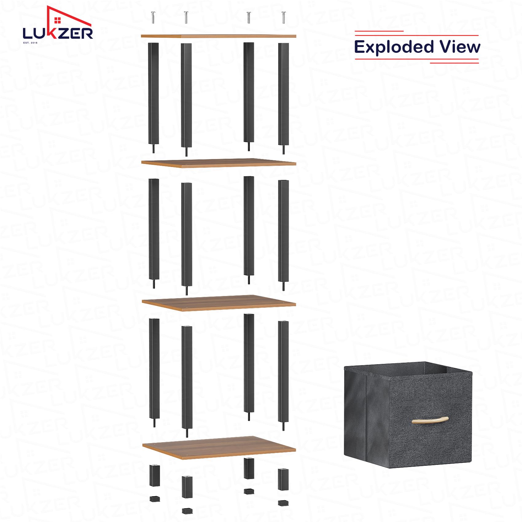 Lukzer 4-Tier Engineered Wood Bookshelf with Fabric Drawer (MRM-001/Oak Brown)
