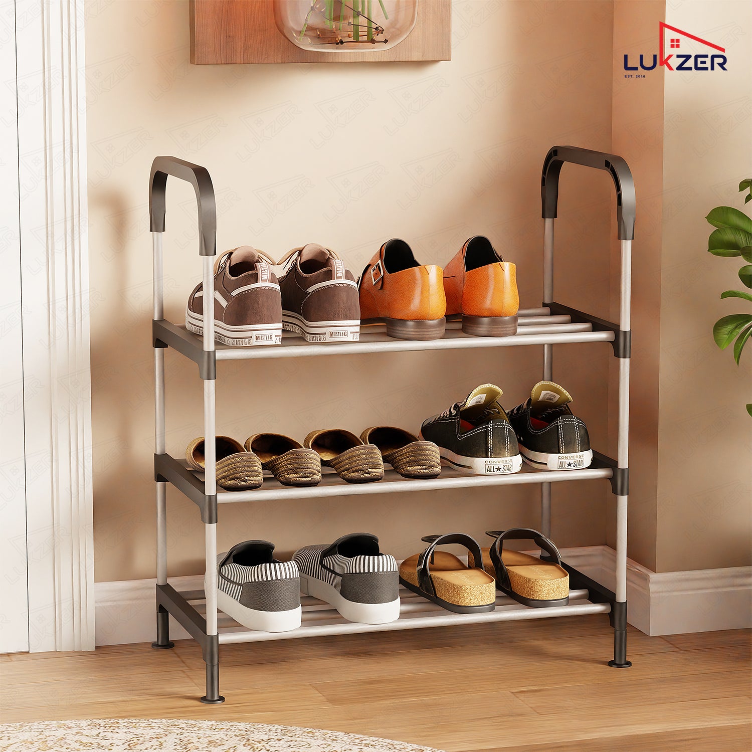 Lukzer 3-Tier Metal & Plastic Space-Saving Shoe Organizer Rack (MSR-003/Silver)