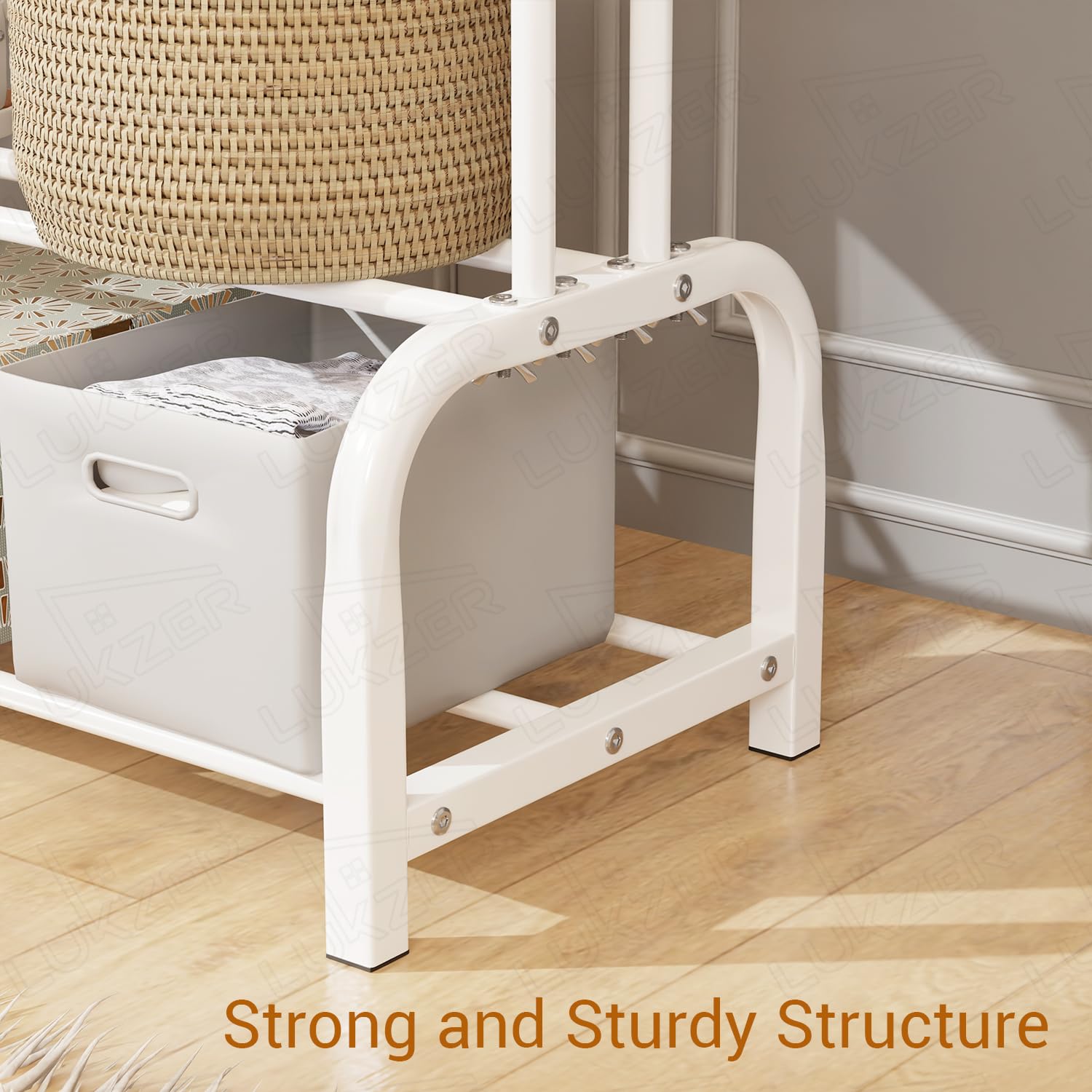 Lukzer Metal Cloth Stand with 2 Hanging Rods & Dual Storage Shelves (MGS-003/White)
