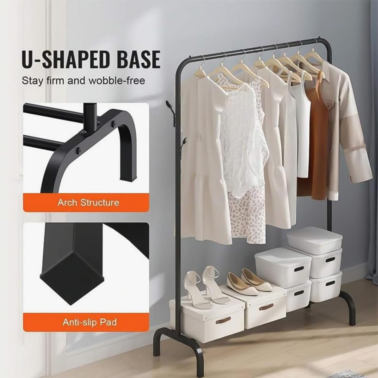 Lukzer Freestanding Metal Cloth Stand with Storage Shelf (MGS-001/Black)