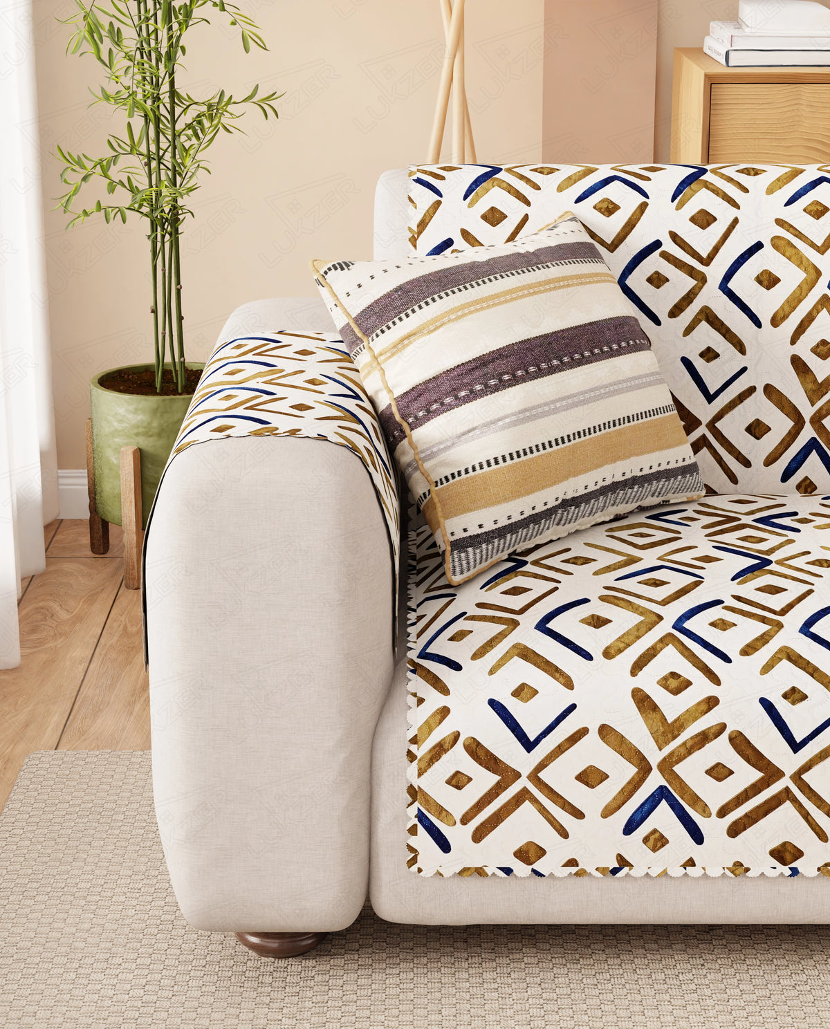 Lukzer Quilted Reversible Terra Bloom Sofa Mat with WaveEdge Ultrasonic Cut (WITH BACK & HAND REST) - SC-205-01WB