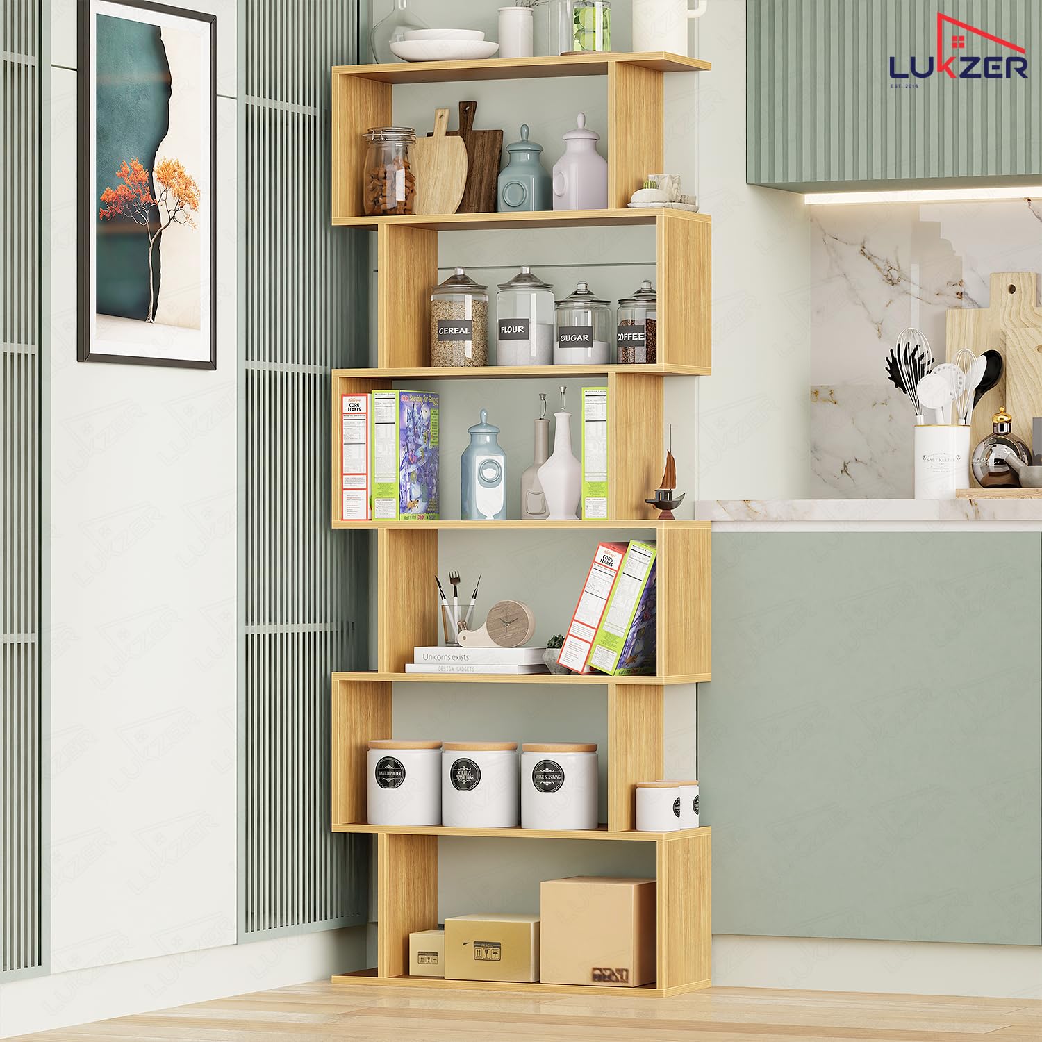 Lukzer 6-Layer S-Shaped Ladder Engineered Wood Open Bookshelf Rack (MR-002, Light Oak)