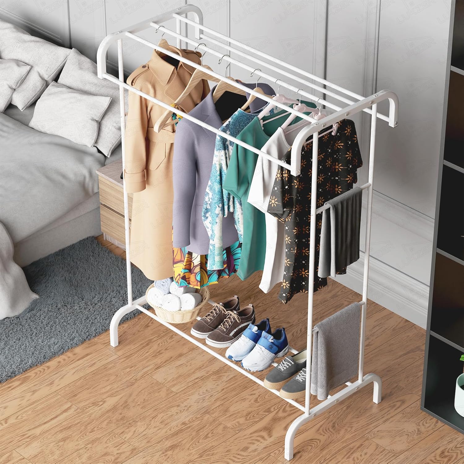 Lukzer Multifunctional Metal Garment Stand with Bottom Shelf (MGS-004/White)