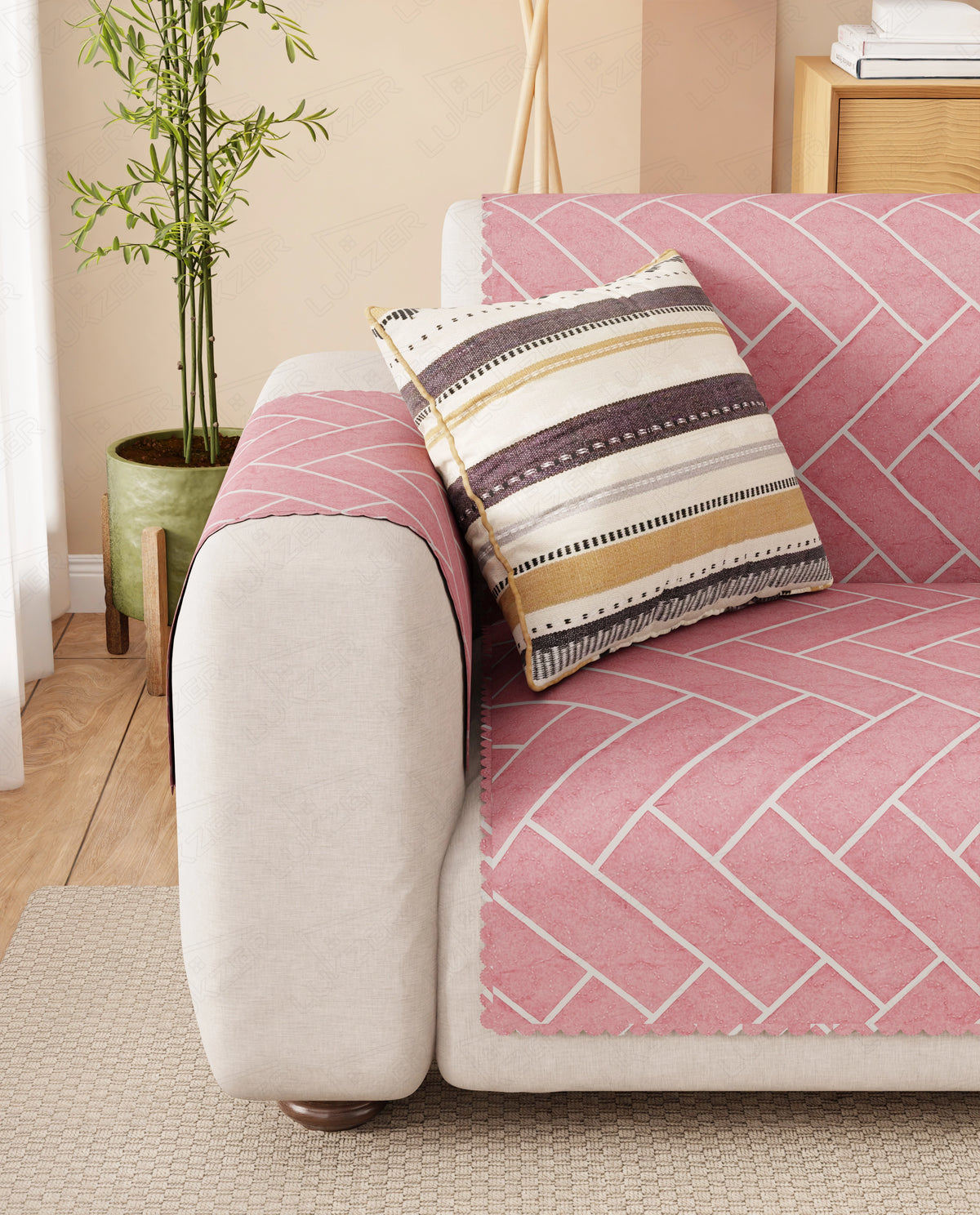 Lukzer Quilted Reversible Brick Bloom Sofa Mat with WaveEdge Ultrasonic Cut (WITH BACK & HAND REST) - SC-201-01WB