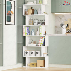 Lukzer 6-Layer S-Shaped Ladder Engineered Wood Open Bookshelf Rack (MR-002, White)
