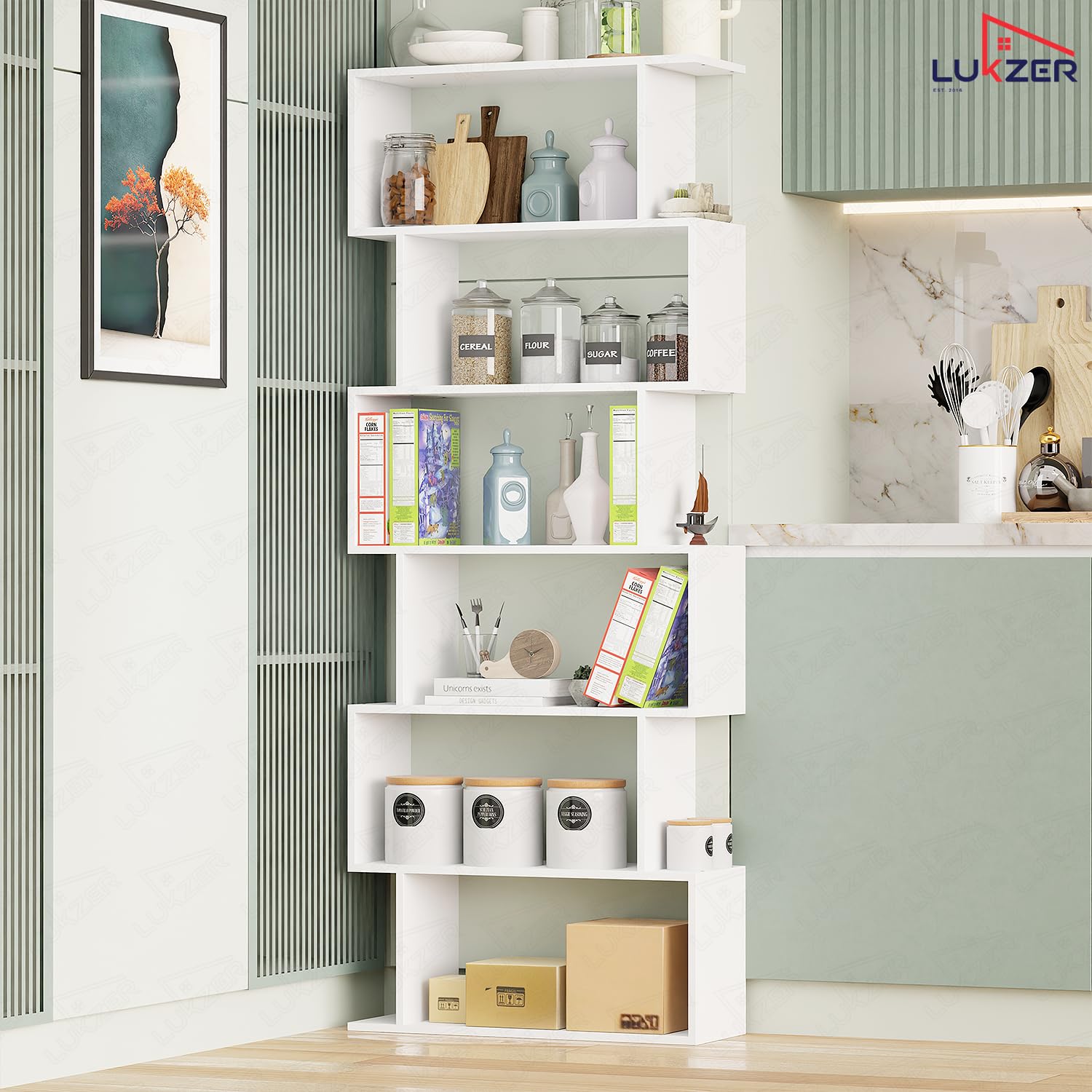 Lukzer 6-Layer S-Shaped Ladder Engineered Wood Open Bookshelf Rack (MR-002, White)