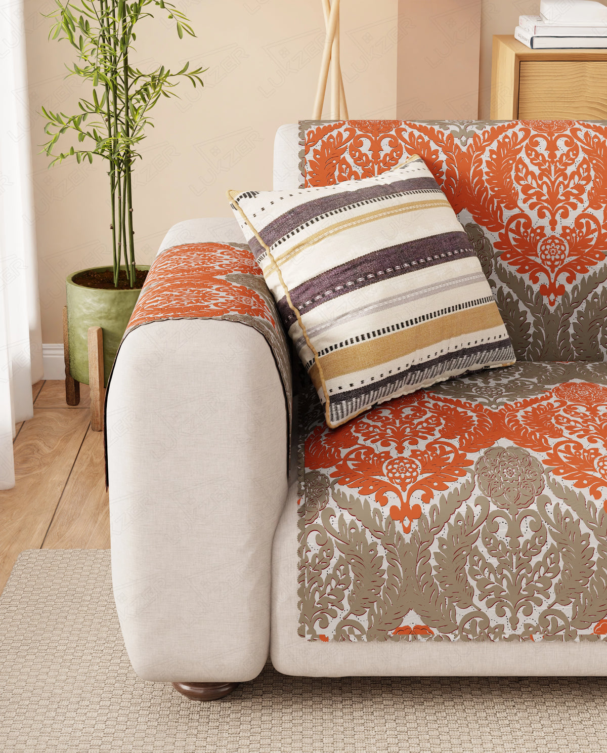 Lukzer Quilted Reversible Royal Petals Sofa Mat with WaveEdge Ultrasonic Cut (WITH BACK & HAND REST) - SC-219-01WB