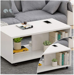 Lukzer Engineered Wood Center Table with Wheels Open Storage Organizer (CT-003/White)