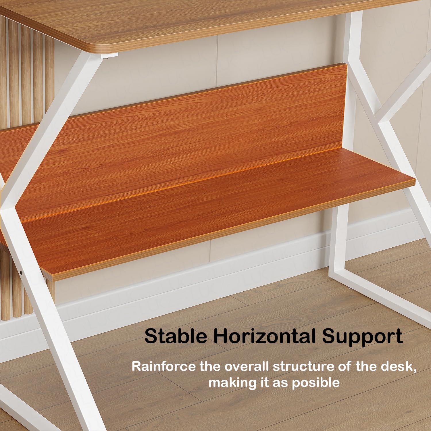 Lukzer Modern Engineered Wood Computer Desk with Bookshelf Oak Brown Top & White Frame (MST-001)