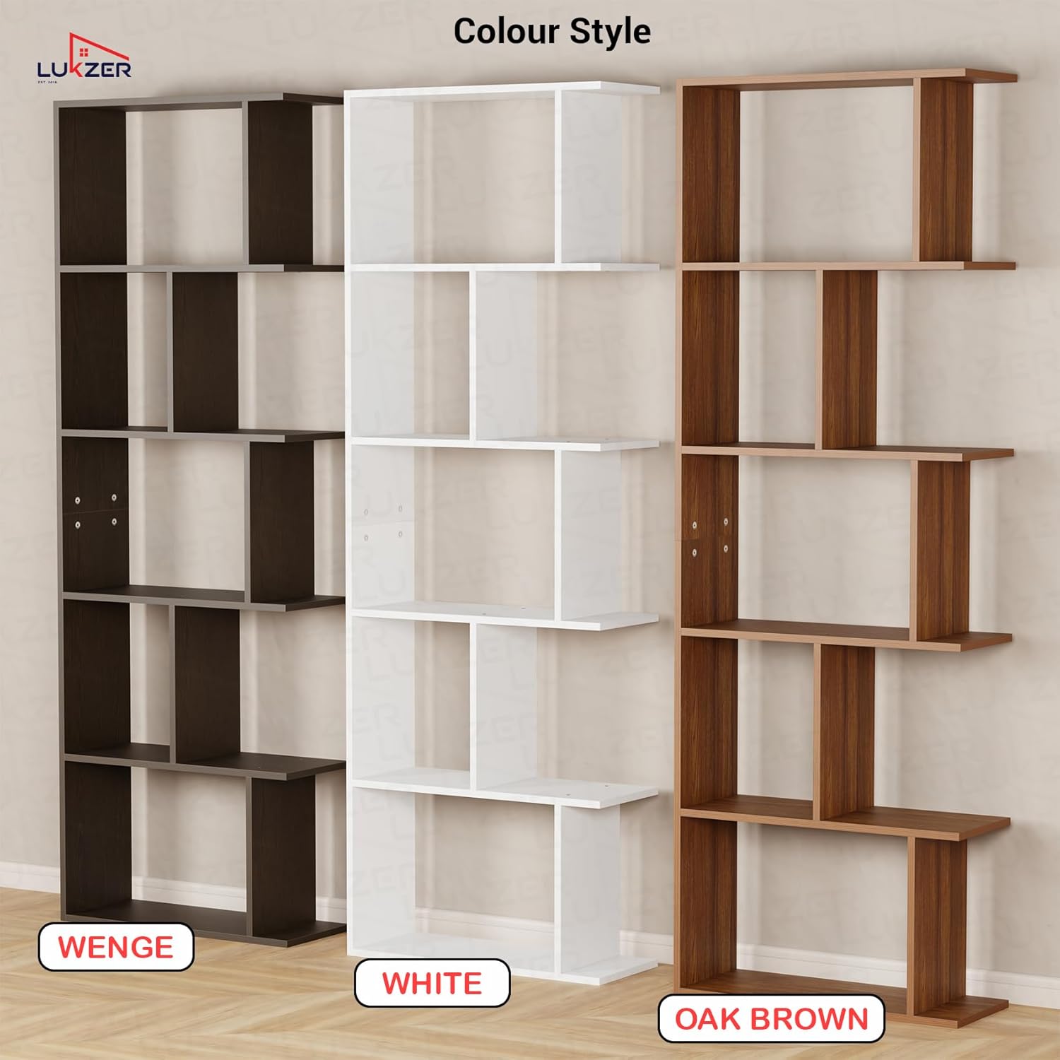 Lukzer 6 Layer Engineered Wood Space-Saving Organizer with Zigzag Open Bookshelf (MR-018/Oak Brown)