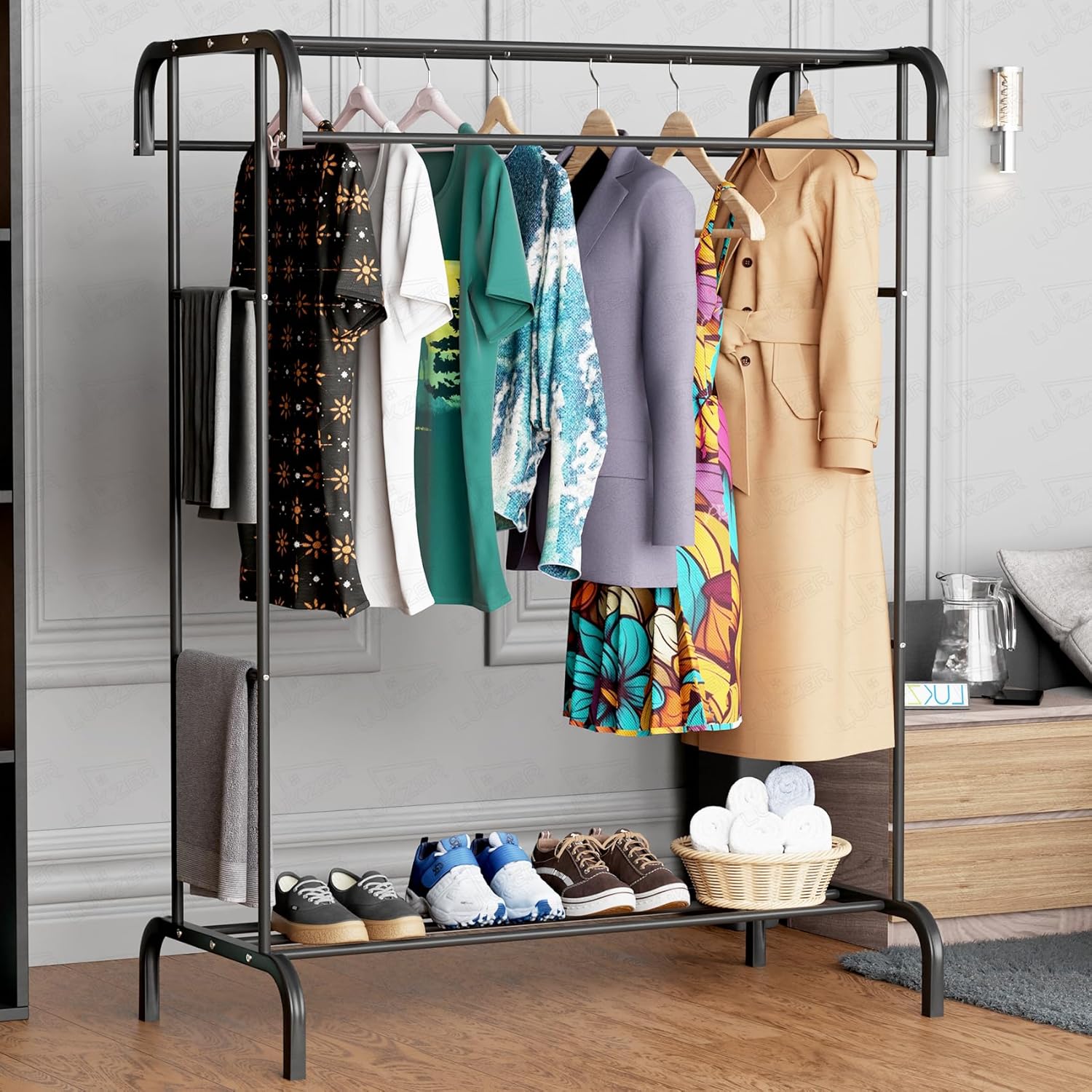 Lukzer Multifunctional Metal Garment Stand with Bottom Shelf (MGS-004/Black)