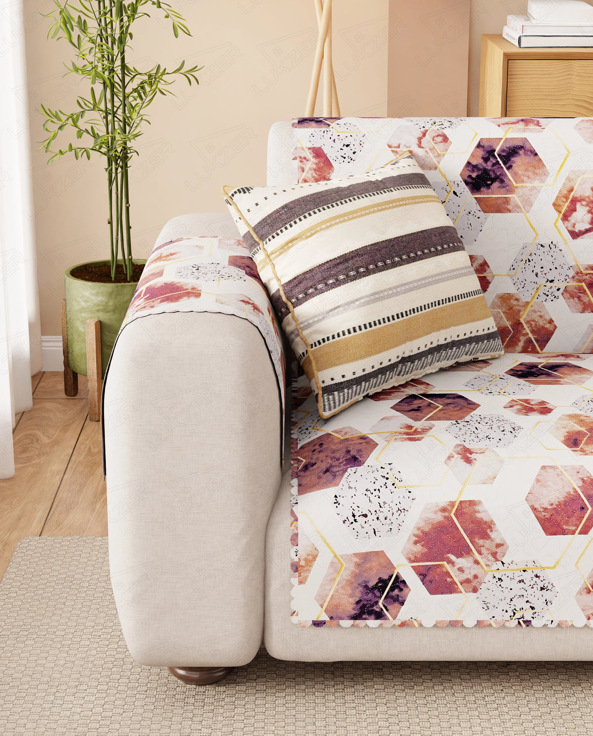 Lukzer Quilted Reversible Marble Mesh Sofa Mat with WaveEdge Ultrasonic Cut (WITH BACK & HAND REST) - SC-204-01WB