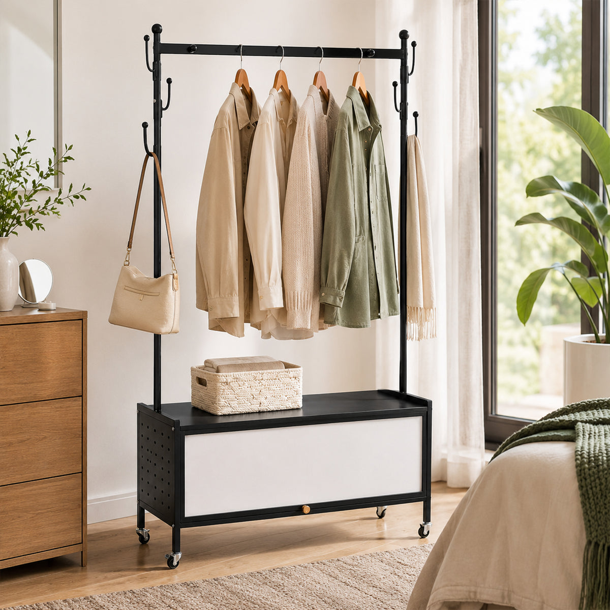Lukzer Metal Garment Rack with Dust-Proof Storage Shelf & Multiple Hooks (Black)