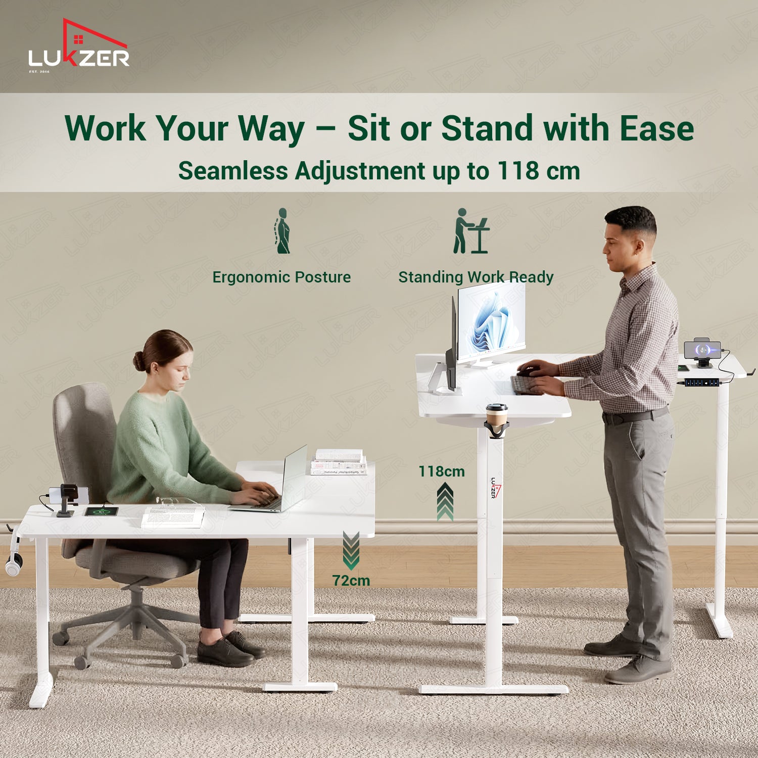 Lukzer Electric Height Adjustable Desk with USB & Type-C Study Table (EST-001/UC-White & White) 3-Years Warranty