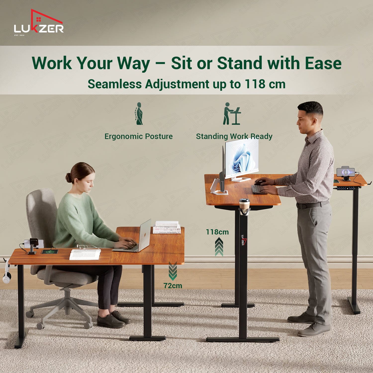 Lukzer Electric Height Adjustable Desk with USB & Type-C Study Table (EST-001/UC-Black & Oak Brown) 3-Years Warranty