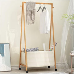 Lukzer Bamboo Garment Rack with Fabric Storage Basket and Wheels