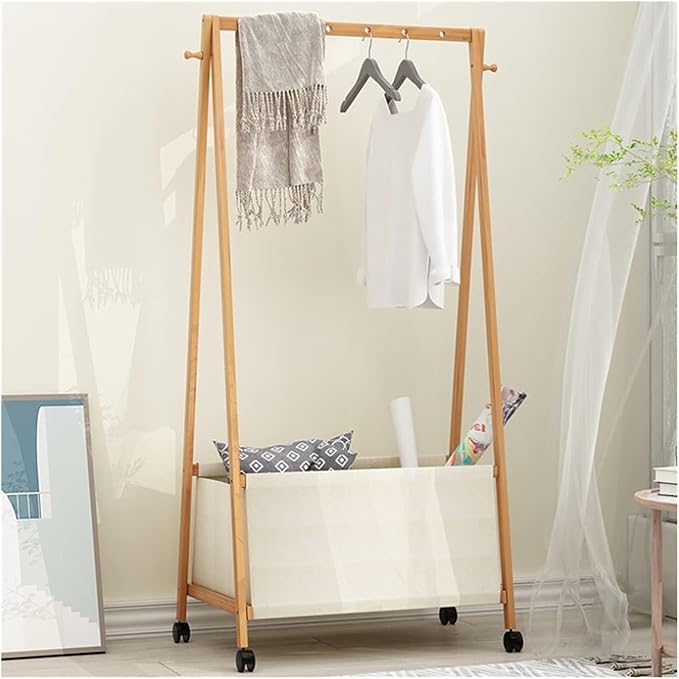 Lukzer Bamboo Garment Rack with Fabric Storage Basket and Wheels