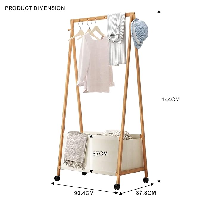 Lukzer Bamboo Garment Rack with Fabric Storage Basket and Wheels