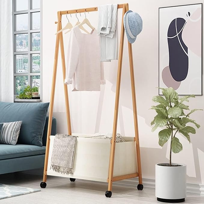 Lukzer Bamboo Garment Rack with Fabric Storage Basket and Wheels