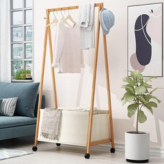 Lukzer Bamboo Garment Rack with Fabric Storage Basket and Wheels
