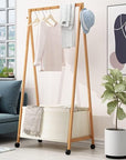 Lukzer Bamboo Garment Rack with Fabric Storage Basket and Wheels | Coat & Clothes Hanging Rail Free Standing Garment Hanging Rails For Home Office Hallway Bedroom (144 x 37.3 x 90.4cm)