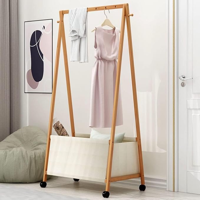 Lukzer Bamboo Garment Rack with Fabric Storage Basket and Wheels