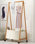 Lukzer Bamboo Garment Rack with Fabric Storage Basket and Wheels | Coat & Clothes Hanging Rail Free Standing Garment Hanging Rails For Home Office Hallway Bedroom (144 x 37.3 x 90.4cm)