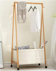 Lukzer Bamboo Garment Rack with Fabric Storage Basket and Wheels | Coat & Clothes Hanging Rail Free Standing Garment Hanging Rails For Home Office Hallway Bedroom (144 x 37.3 x 90.4cm)