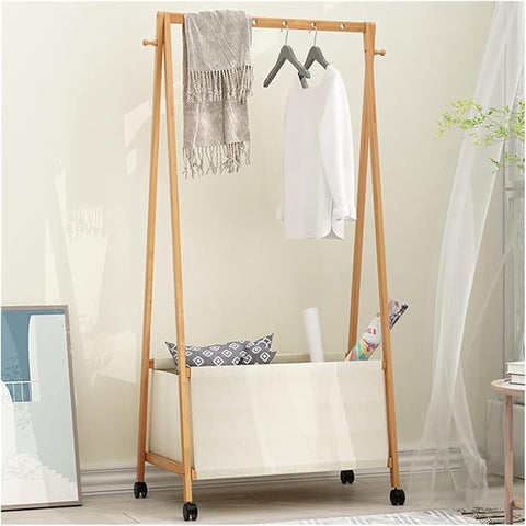 Lukzer Bamboo Garment Rack with Fabric Storage Basket and Wheels | Coat & Clothes Hanging Rail Free Standing Garment Hanging Rails For Home Office Hallway Bedroom (144 x 37.3 x 90.4cm)