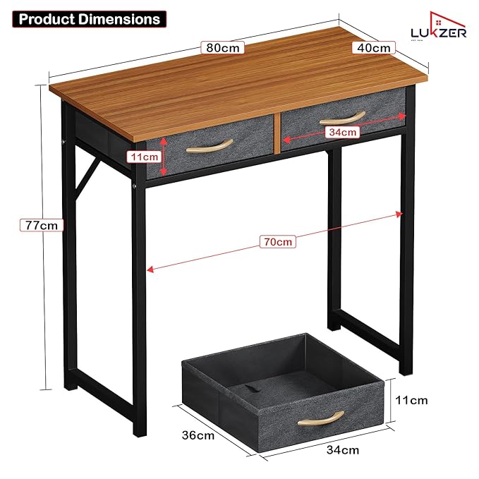 Lukzer Metal Frame Computer Desk – Engineered Wood Top With fabric Drawers (Black Frame/Wenge Board, Black Frame/Oak Brown Board, White Frame/White Board, White Frame/Oak Brown Board) (Model: STM-006)