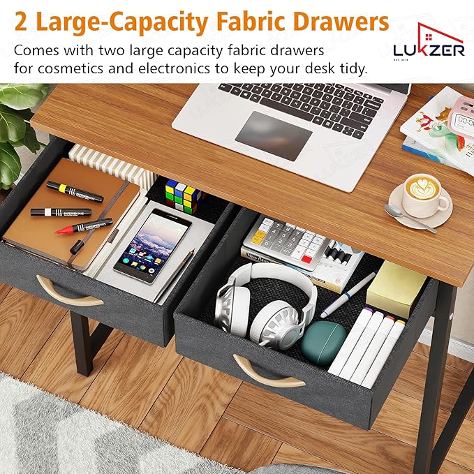 Lukzer Metal Frame Computer Desk – Engineered Wood Top With fabric Drawers (Black Frame/Wenge Board, Black Frame/Oak Brown Board, White Frame/White Board, White Frame/Oak Brown Board) (Model: STM-006)