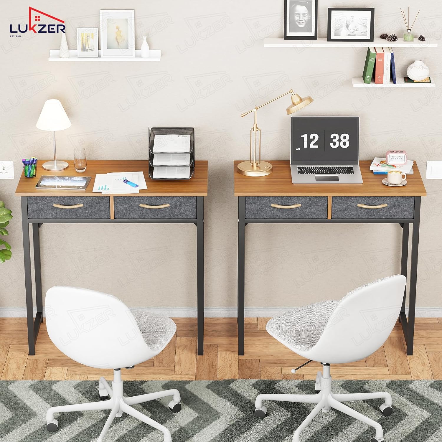 Lukzer Metal Frame Computer Desk – Engineered Wood Top With fabric Drawers (Black Frame/Wenge Board, Black Frame/Oak Brown Board, White Frame/White Board, White Frame/Oak Brown Board) (Model: STM-006)