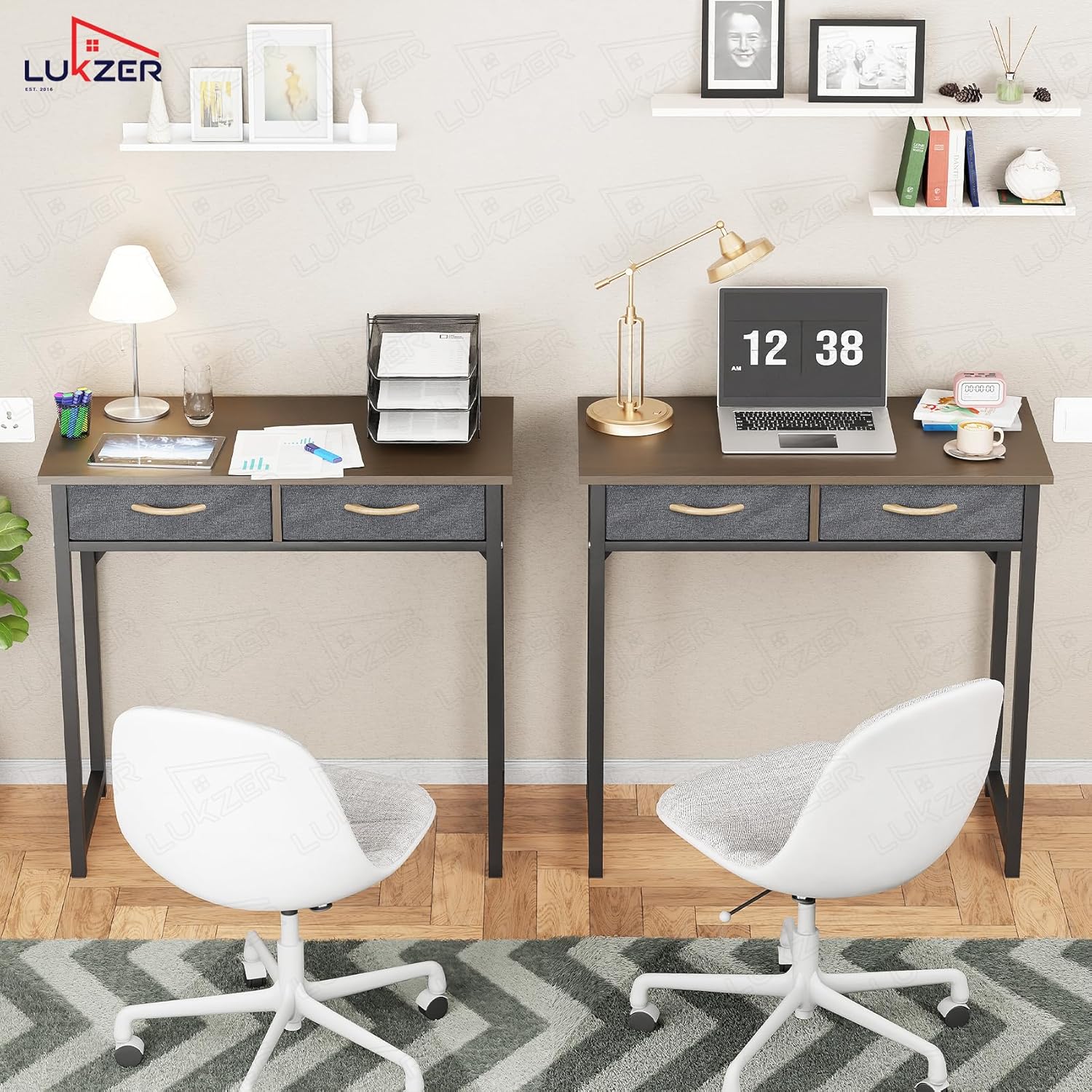 Lukzer Metal Frame Computer Desk – Engineered Wood Top With fabric Drawers (Black Frame/Wenge Board, Black Frame/Oak Brown Board, White Frame/White Board, White Frame/Oak Brown Board) (Model: STM-006)
