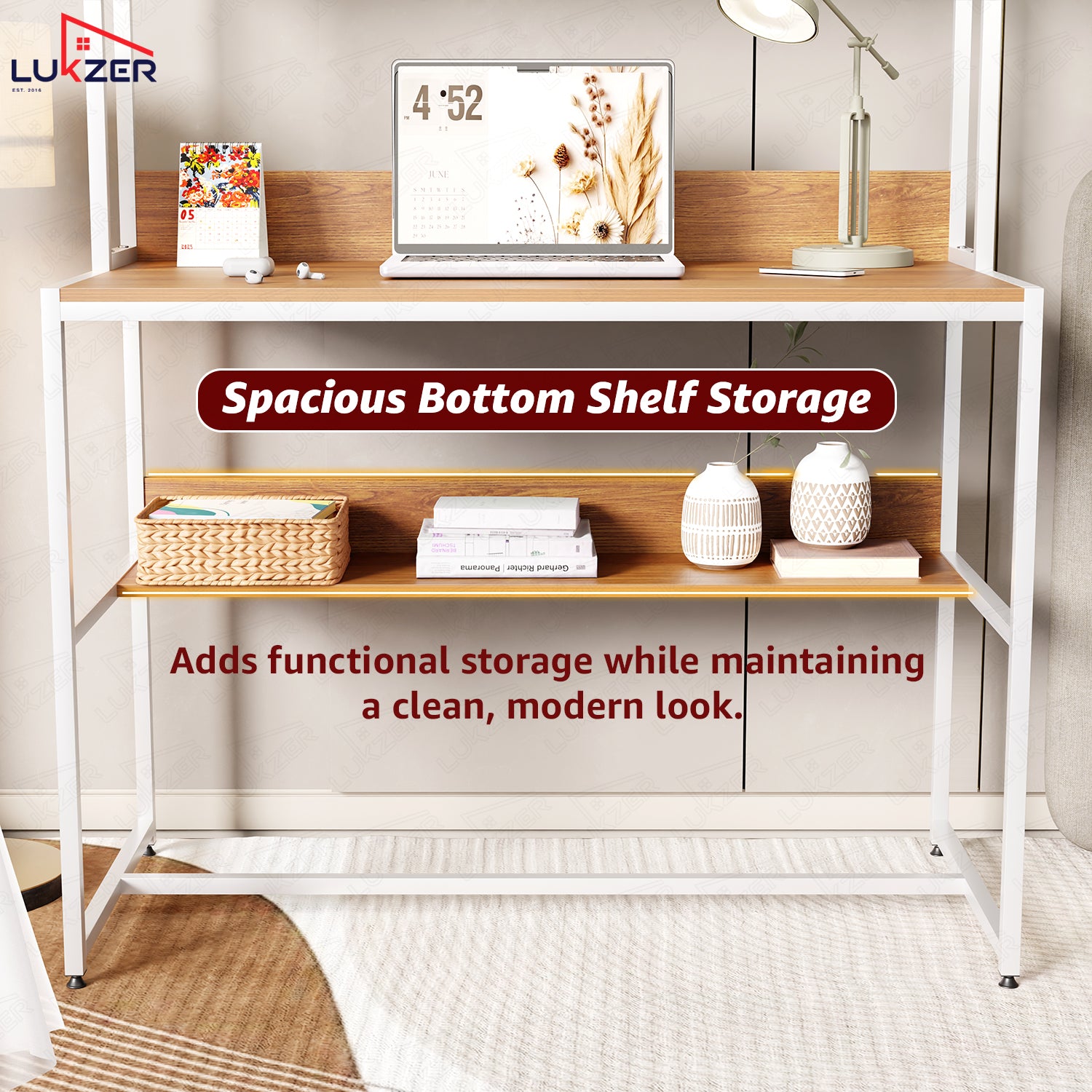 Lukzer Wooden & Metal Study Desk with 3 Storage Shelf & Open Bookshelf for Home (MST-011/White & Oak Brown)