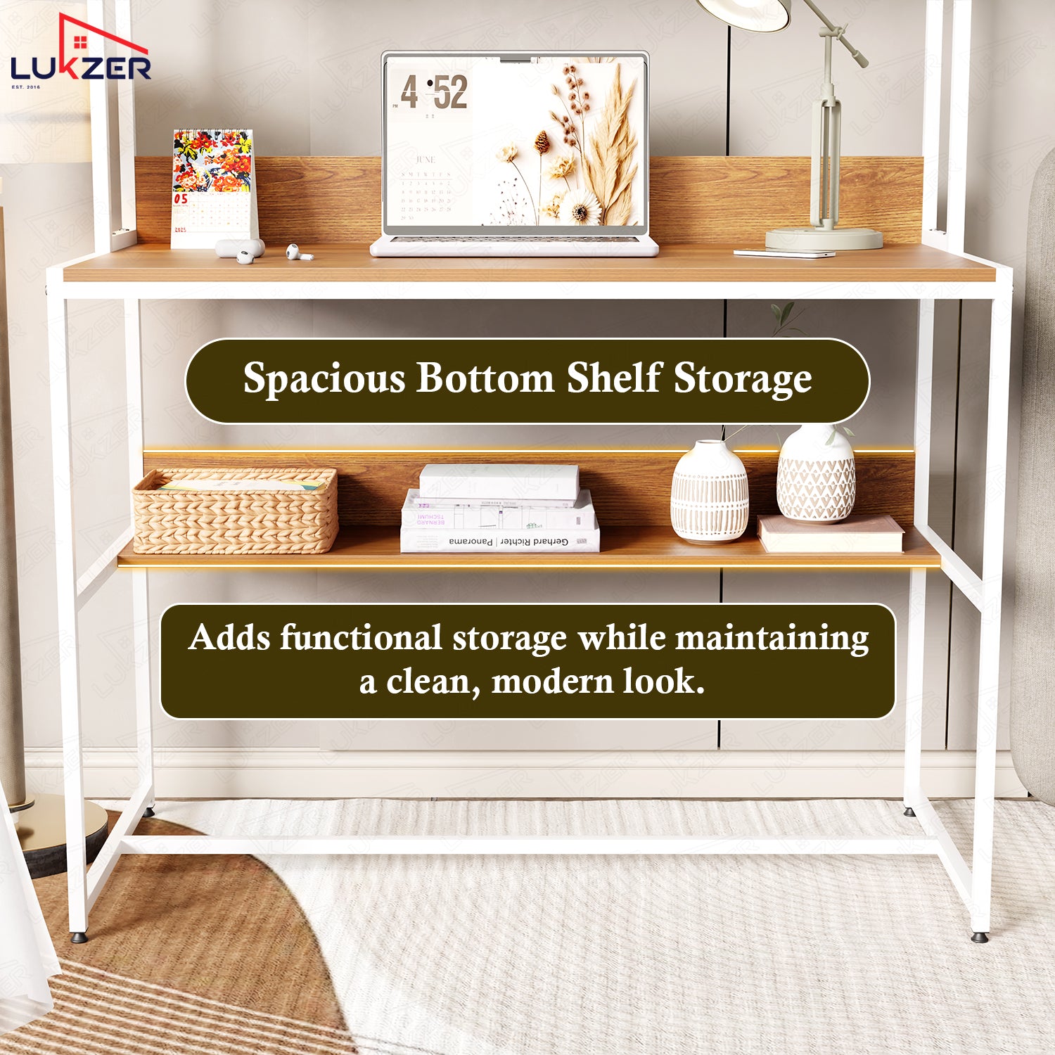 Lukzer Wooden & Metal Study Desk with 3 Storage Shelf & Open Bookshelf for Home (MST-011/White & Oak Brown)