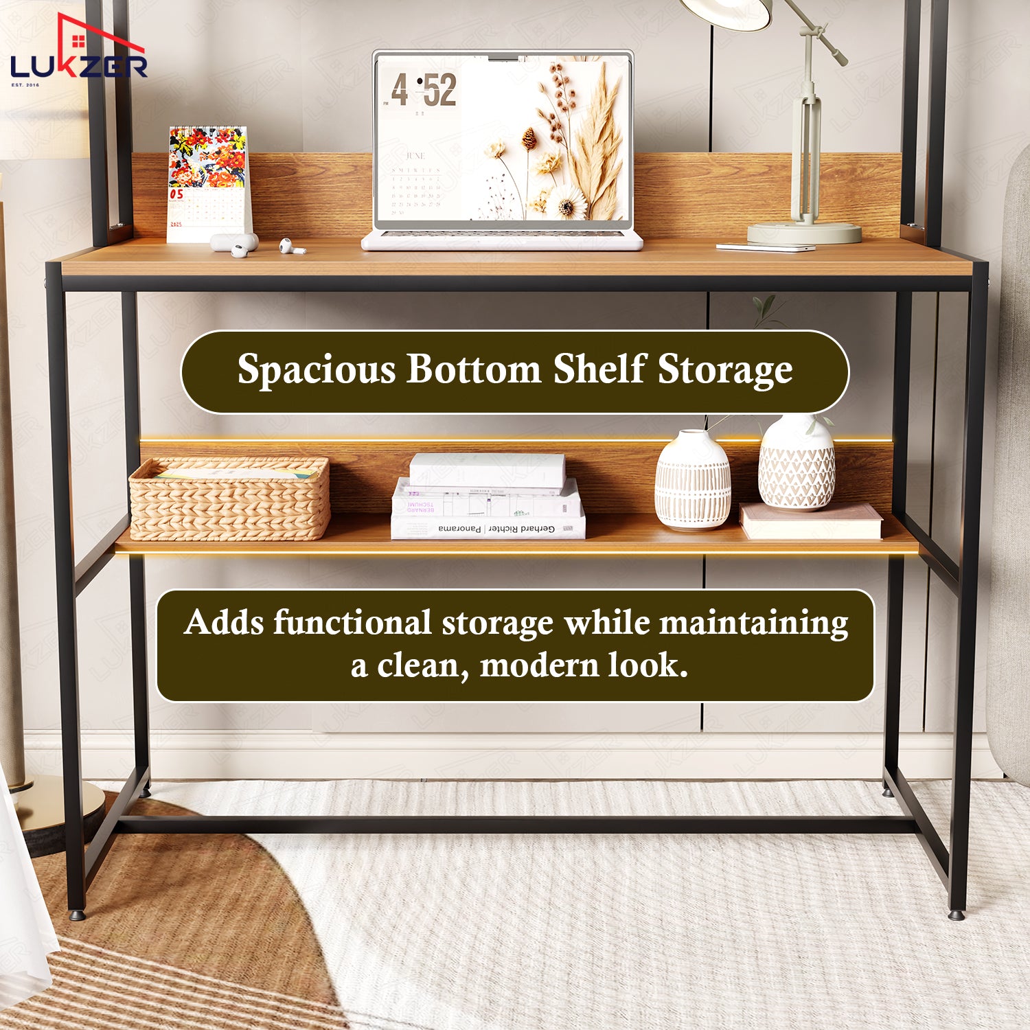 Lukzer Wooden & Metal Study Desk with 3 Storage Shelf & Open Bookshelf for Home (MST-011/Black & Oak Brown)