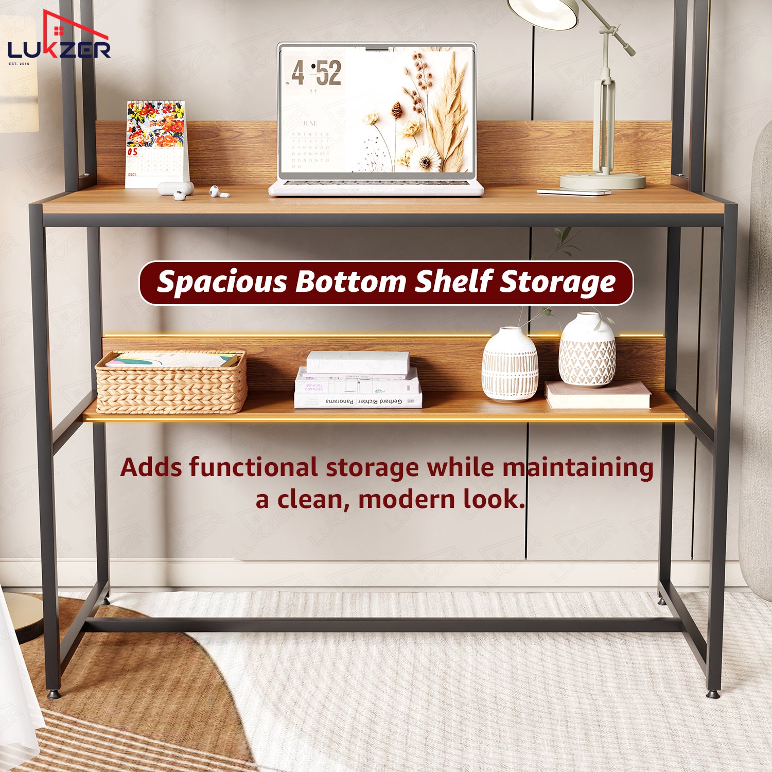 Lukzer Wooden & Metal Study Desk with 3 Storage Shelf & Open Bookshelf for Home (MST-011/Black & Oak Brown)