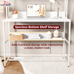 Lukzer Wooden & Metal Study Desk with 3 Storage Shelf & Open Bookshelf for Home (MST-011/White & White)