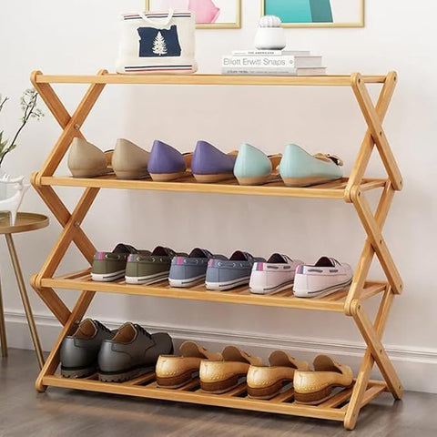Lukzer 4-Tier Bamboo Shoe Rack Organizer | Wooden Storage Shelf for Entryway, Living Room, Bathroom | Multipurpose Stand for Shoes, Plants, Towels, Kitchen & More
