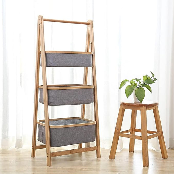 Lukzer 3 Layer Foldable Bamboo Storage Rack with Fabric Baskets (Grey)