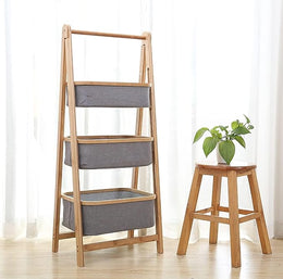 Lukzer 3 Layer Foldable Bamboo Storage Rack with Fabric Baskets – Multipurpose Eco-Friendly Space-Saving Ladder Shelf Organizer for Laundry, Bathroom, Bedroom, Living Room & Closet (Grey)