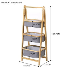 Lukzer 3 Layer Foldable Bamboo Storage Rack with Fabric Baskets (Grey)
