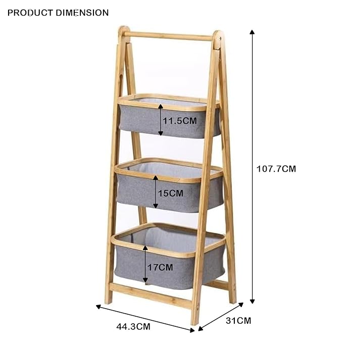 Lukzer 3 Layer Foldable Bamboo Storage Rack with Fabric Baskets (Grey)